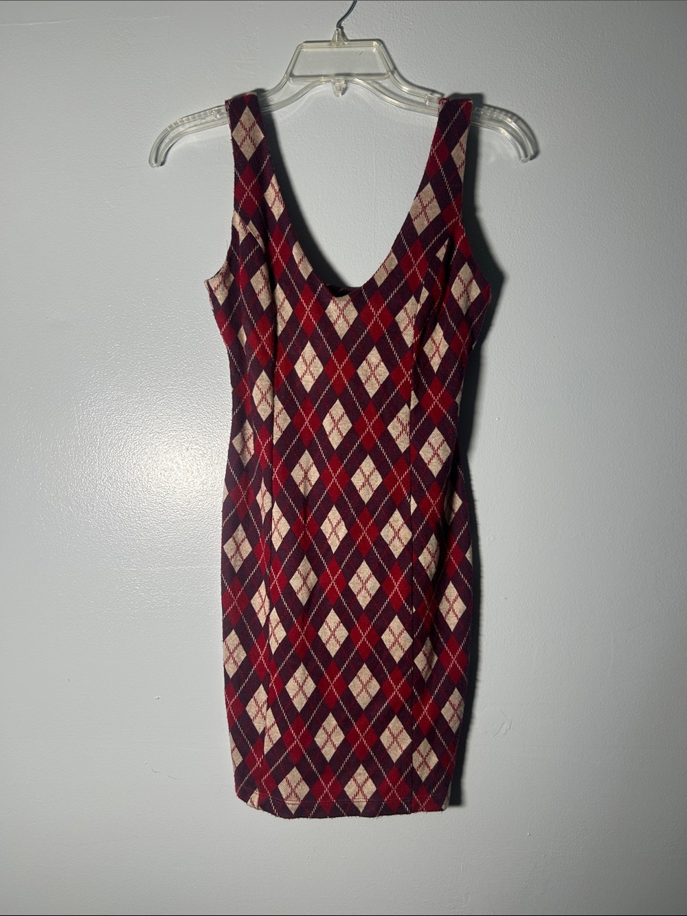 Necessary Objects Burgundy and Cream Argyle Knit Mini Dress